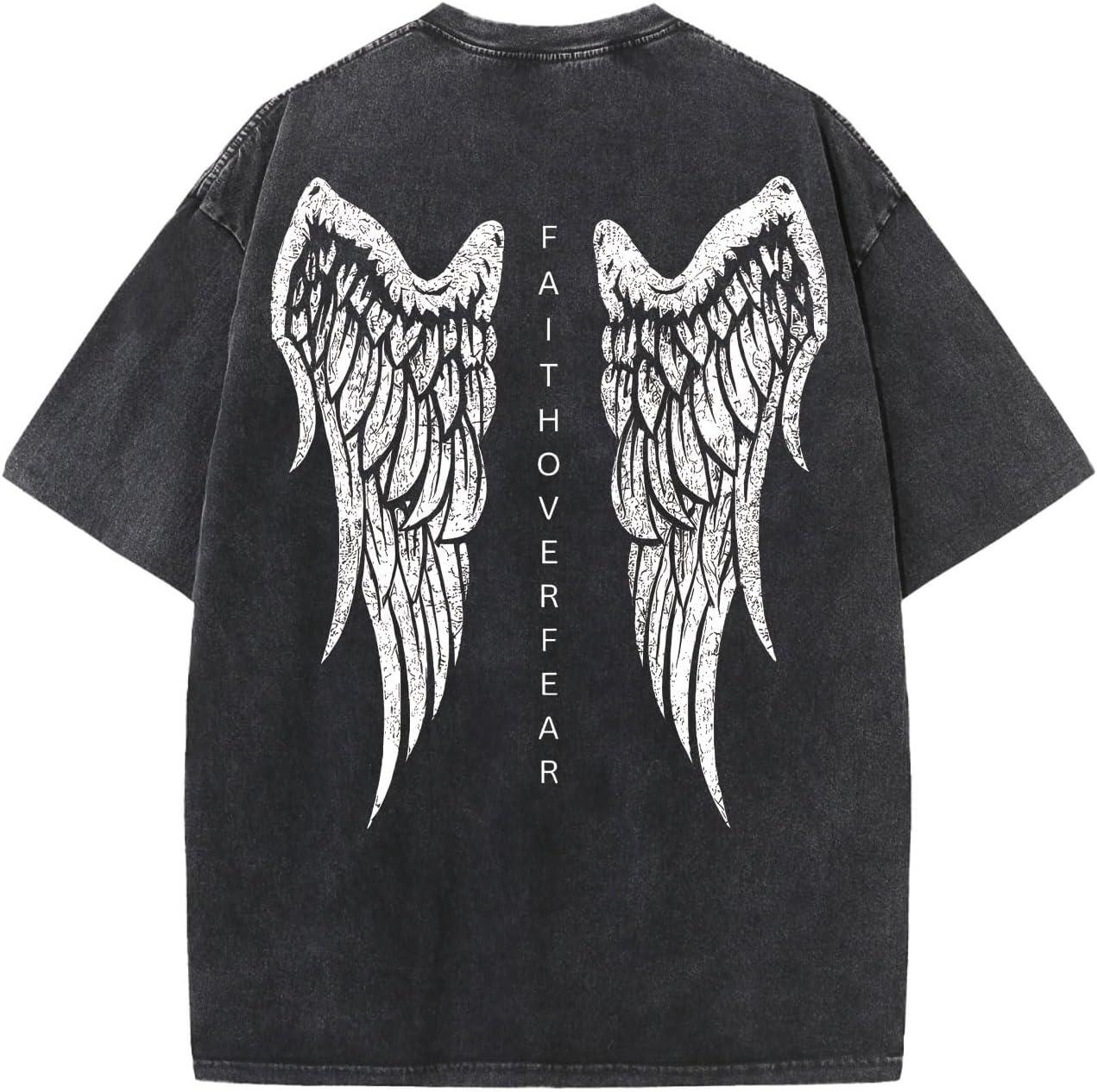 

Vintage Washed Angel Wings TShirt Letter Inspirational Graphic Tee YK Streetwear Crew Neck Casual ShortSleeve for Men Women S