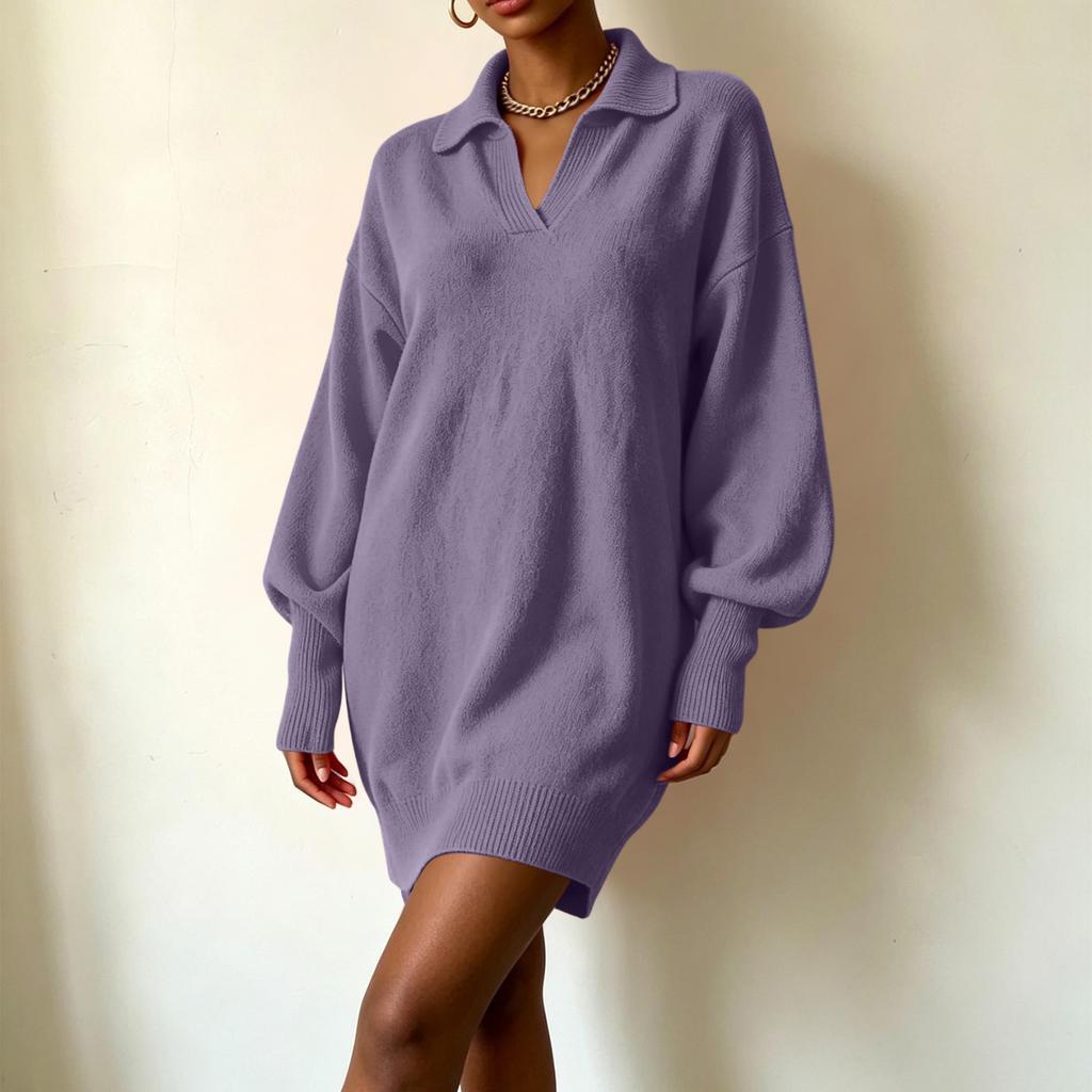 Women's Loose Fit Mid-Length Knit Sweater Dress with Sleeves and Turn-Down Collar