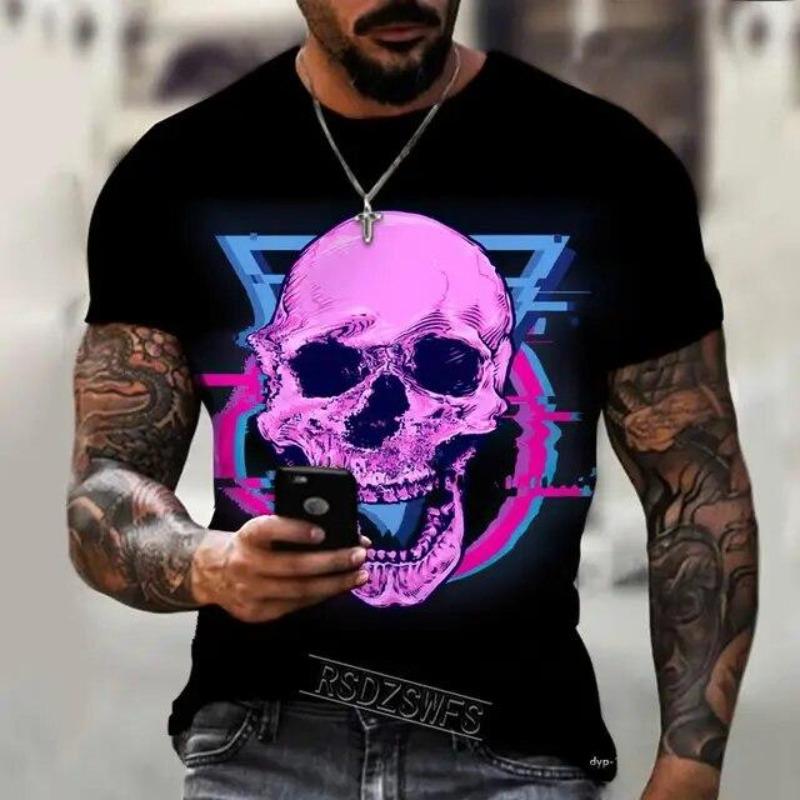 Summer Men s T-shirt Exclusive Design Color Skull Art Aesthetic Round Neck Top 3D Printed T-shirt XS