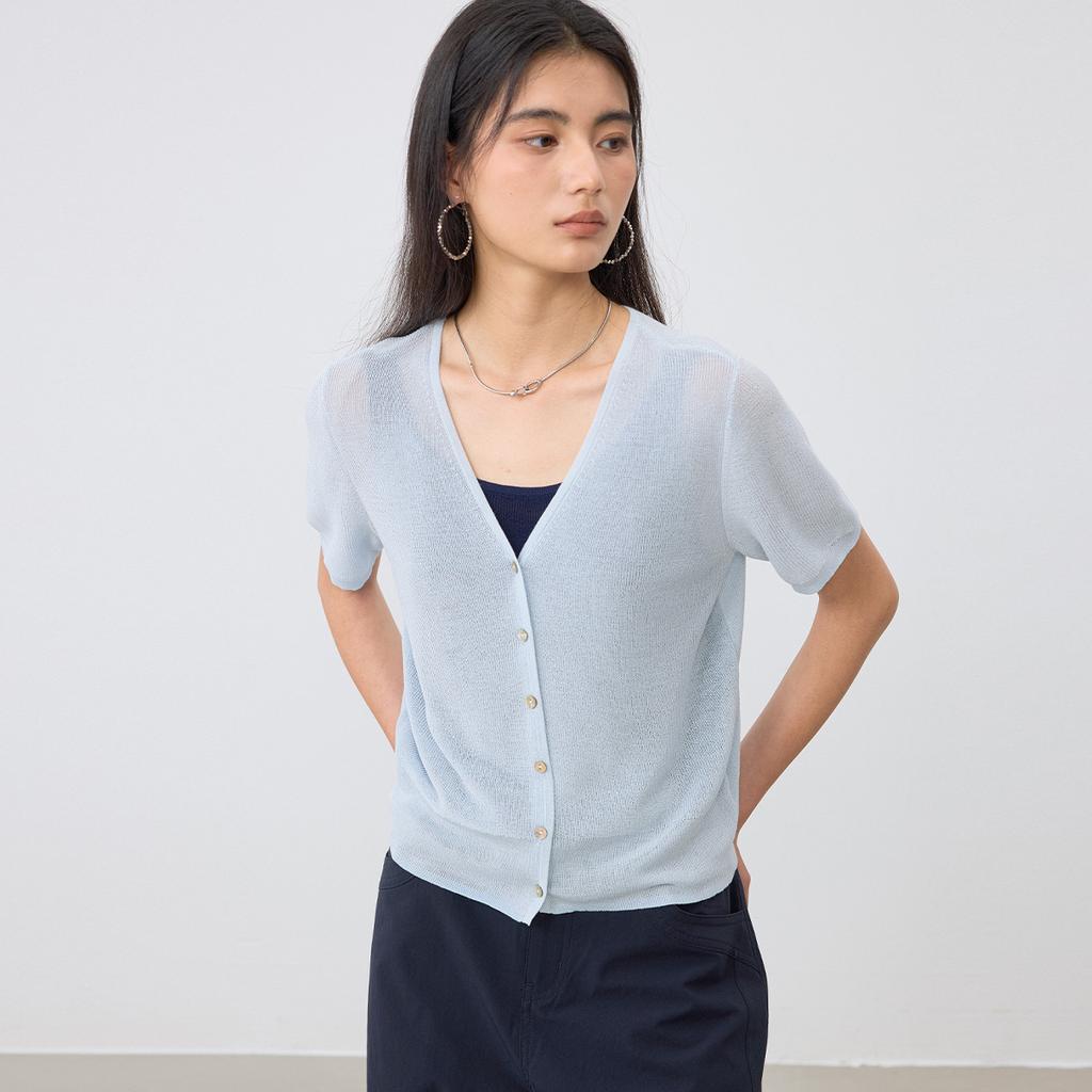 V-neck Short Sleeved Knitted Cardigan for Women In Summer 2026, Thin Design, Tencel Breathable Casual Air Conditioning Shirt, Outerwear Top
