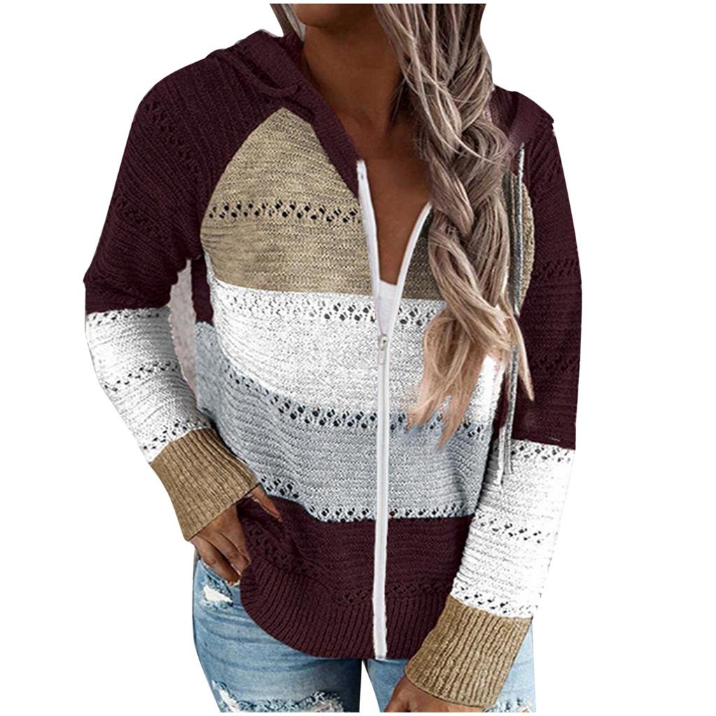 Fashion Women Casual Patchwork Long Sleeves Hooded Sweater Cardigan Blouse Tops
