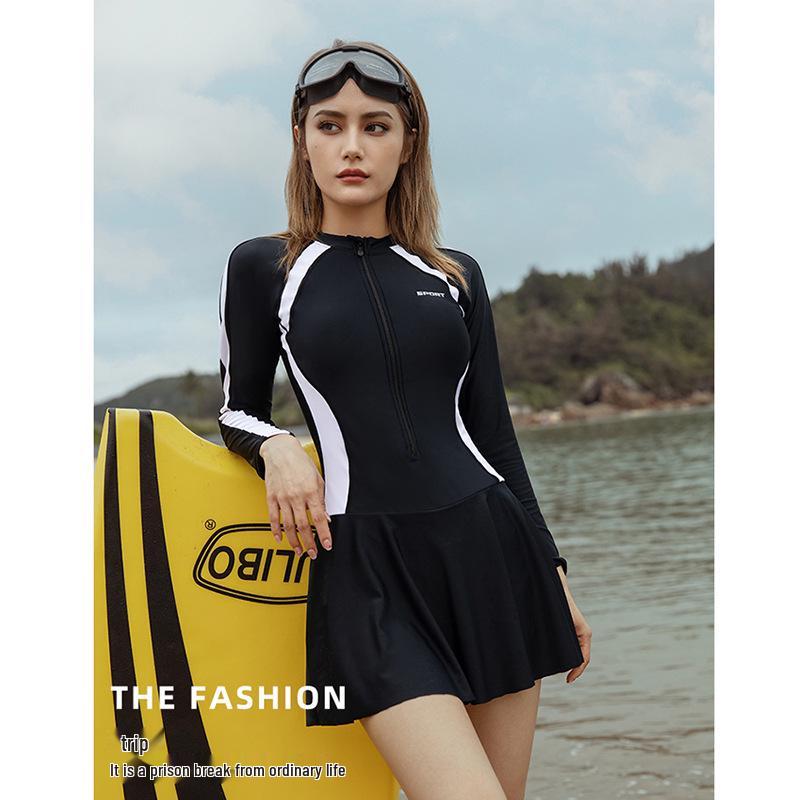 2024 Women's Long-Sleeve Slimming One-Piece Swimsuit: Belly-Covering, Sun-Proof, Skirt-Style, Conservative, Plus-Size.