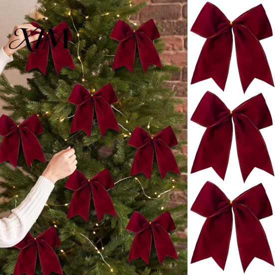 Reusable Fabric Bows 2Pcs Christmas Tree Bow Decors, Velvet Holiday Wreath Hanging Ornament Handmade Decor for Home, Festive Garland Wedding Backdrop