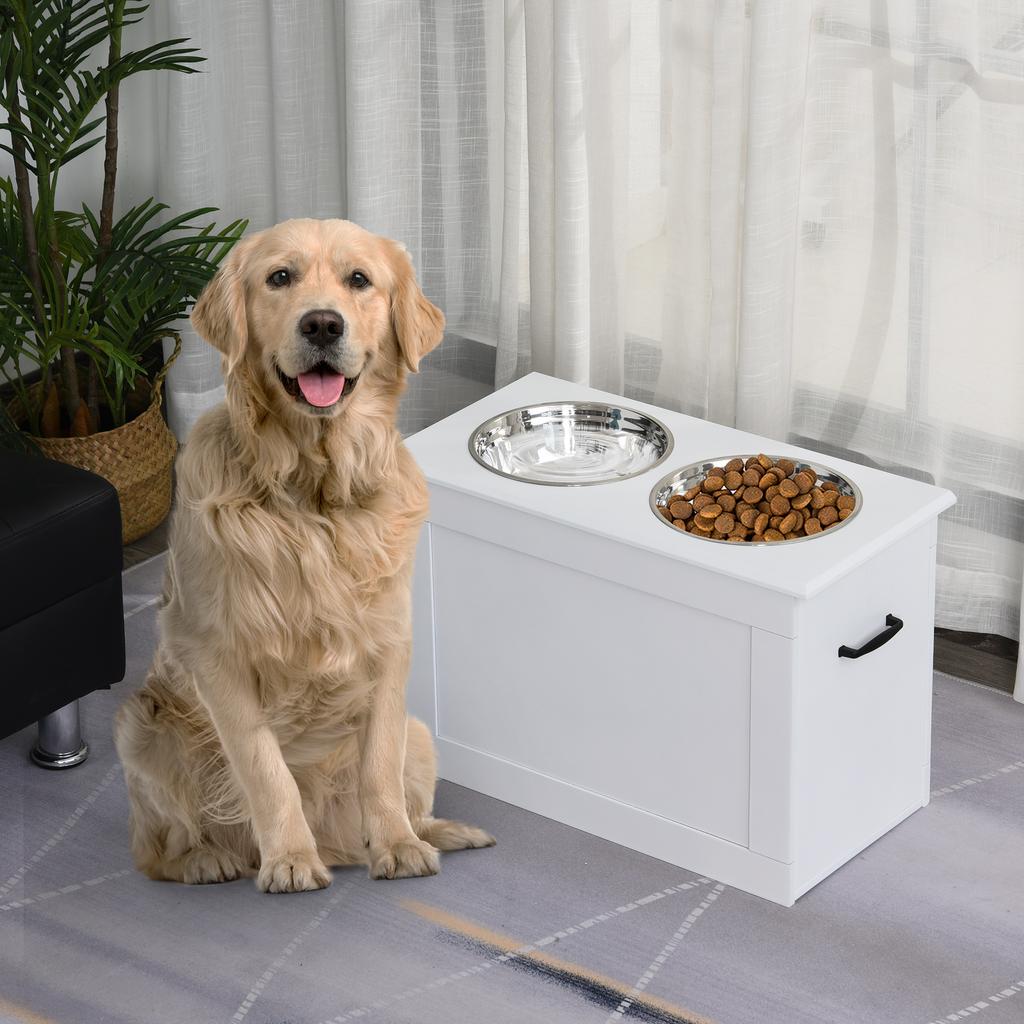Ciotole Rialzate per Cani, con Contenitore, Due Ciotole in Acciaio Inossidabile, Base Rialzata - Bianco