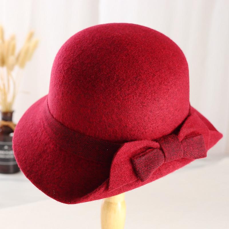 Autumn and winter women's high-end hats, middle-aged mother hats, top hats, woolen bows, basin hats, fashion hats, ladies