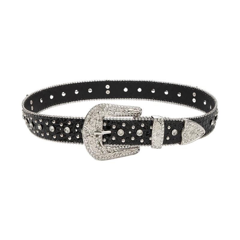 

Sparkling Studded Cowboy Design Thick PU Belt Reinforced Rhinestones Girdle For Party Nightclub Festival Outfits чёрный