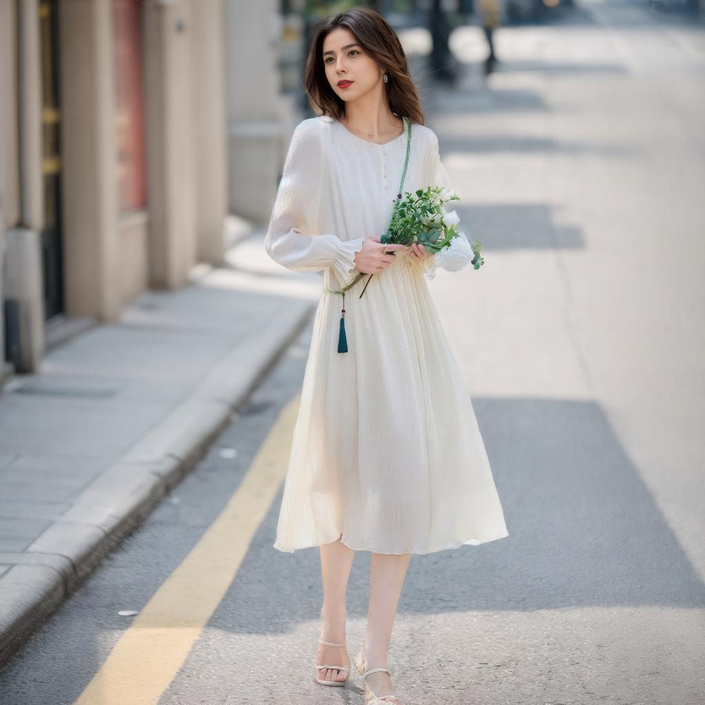 Nové jarní a letní svraštělé světlé šifonové krásné rozevláté rukávy úzké, na knoflíky dlouhé rukávy pro ženy, střední délka