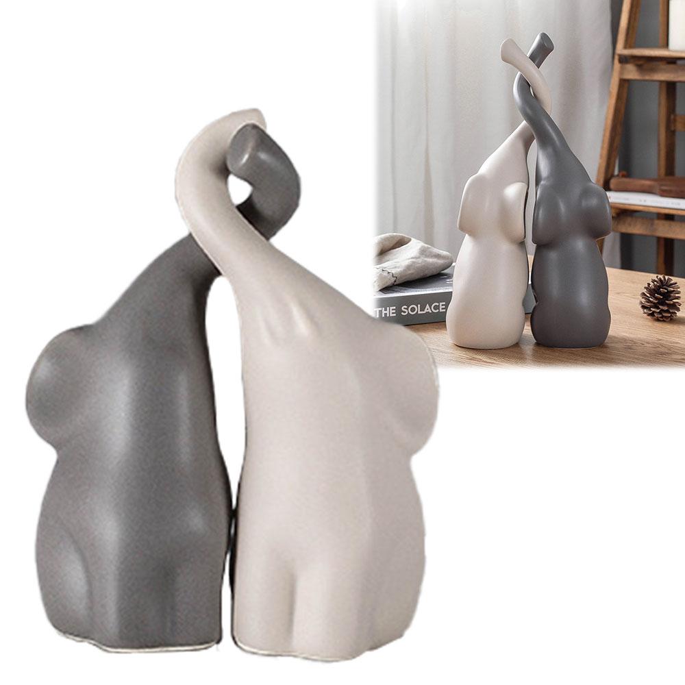 Loving Elephants Grey Cream Ceramic Elephant Figurines Ornament Cute Couple Crafts Wine Cabinet Decorations Valentine's Day Gift