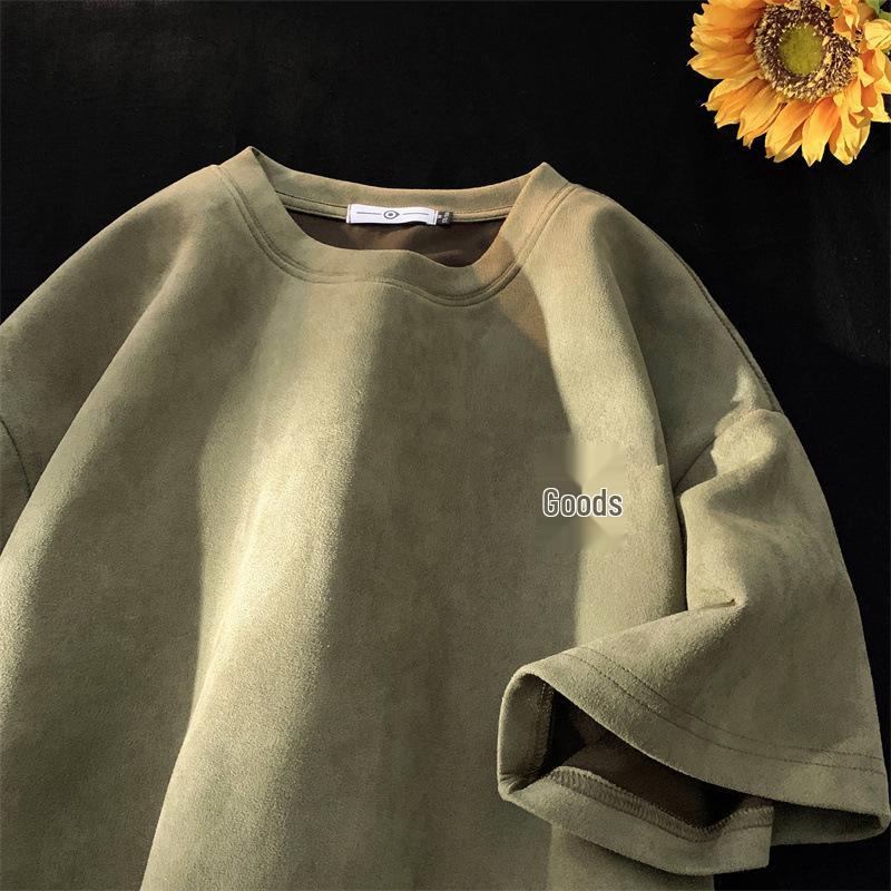 American Retro Men's Oversized Suede Short Sleeve T-Shirt - Trendy Summer Fashion, Small Collar, 5-Point Sleeve, 220g Heavyweight.