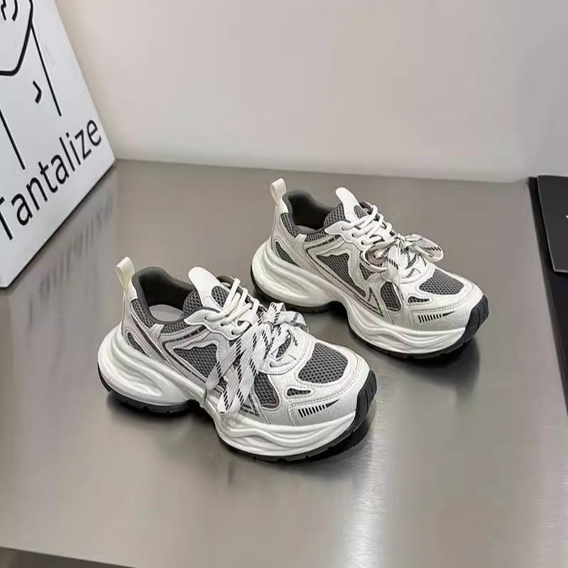 Double color ribbon~ leather thick-soled dad shoes women's 2025 spring models are breathable, lightweight, heightening and small casual sports shoes