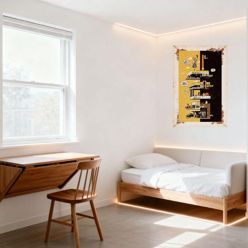 Vintage Comic Panel Retro Multi-Level Building Tin Sign, Woman & Dog Humorous Speech Bubbles Metal Poster for Bar Home Wall Deco