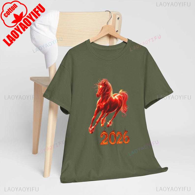 2026 Creative Fire Horse Chinese New Year Racing Gift for Vets  Equestrian of The Graphic Illustration Tops Tee Cotton Shirt