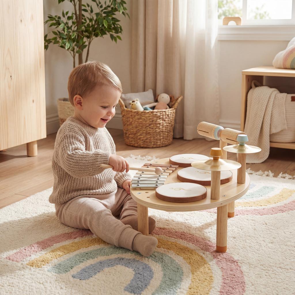Baby Drum Kit, Wooden Kids Musical Instruments with Drums and Xylophone, Gifts for Girls Boys Birthday, Natural