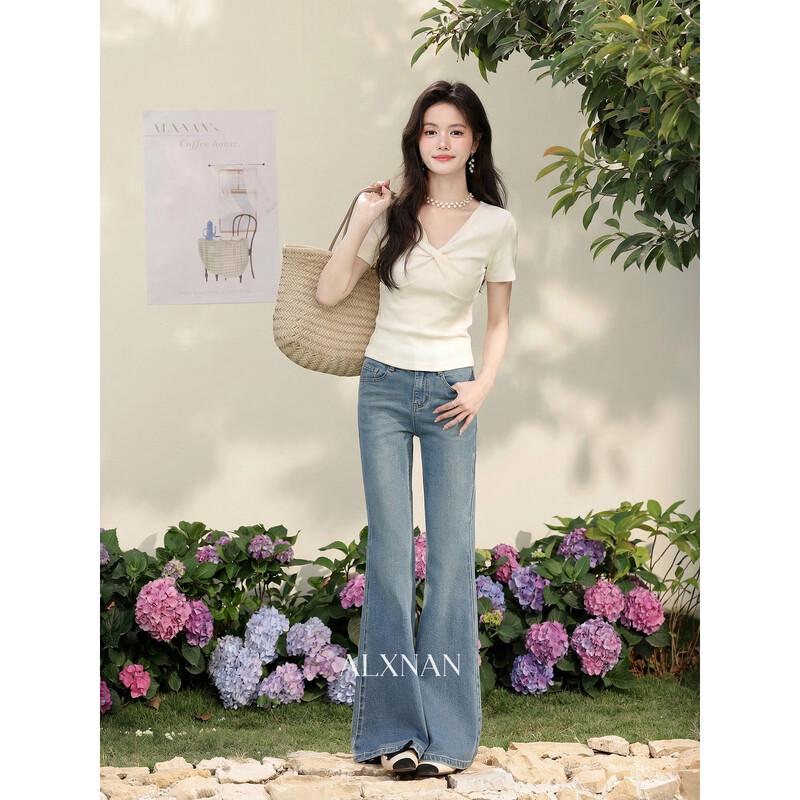 Women's French Style Slimming V-Neck Knit T-Shirt