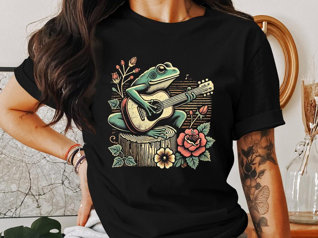 Cottagecore Frog Playing Guitar T-Shirt, Whimsical Frog Art Tee, Vintage Inspired Cottagecore Shirt, Nature Lover Frog Graphic Tee