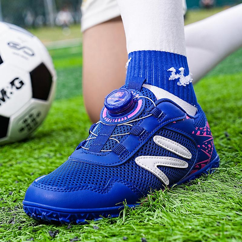 Kid's Football Shoes Are Lightweight Easy To Put On And Take Off with Rotating Buttons Rubber Soft Sole Breathable Mesh. They Are Also Training Shoes