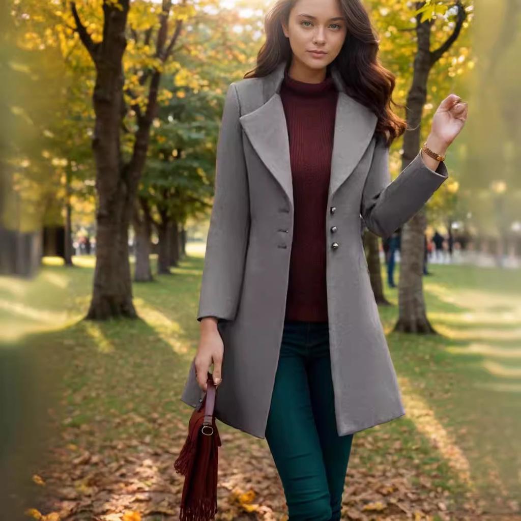 Medium and Long Lapel Woolen Coat, Thin Solid Color Slim-fitting Women Jacket