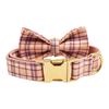 Light Pink Plaid Dog Collar and Leash - British Style, Engravable, Fresh Pattern.