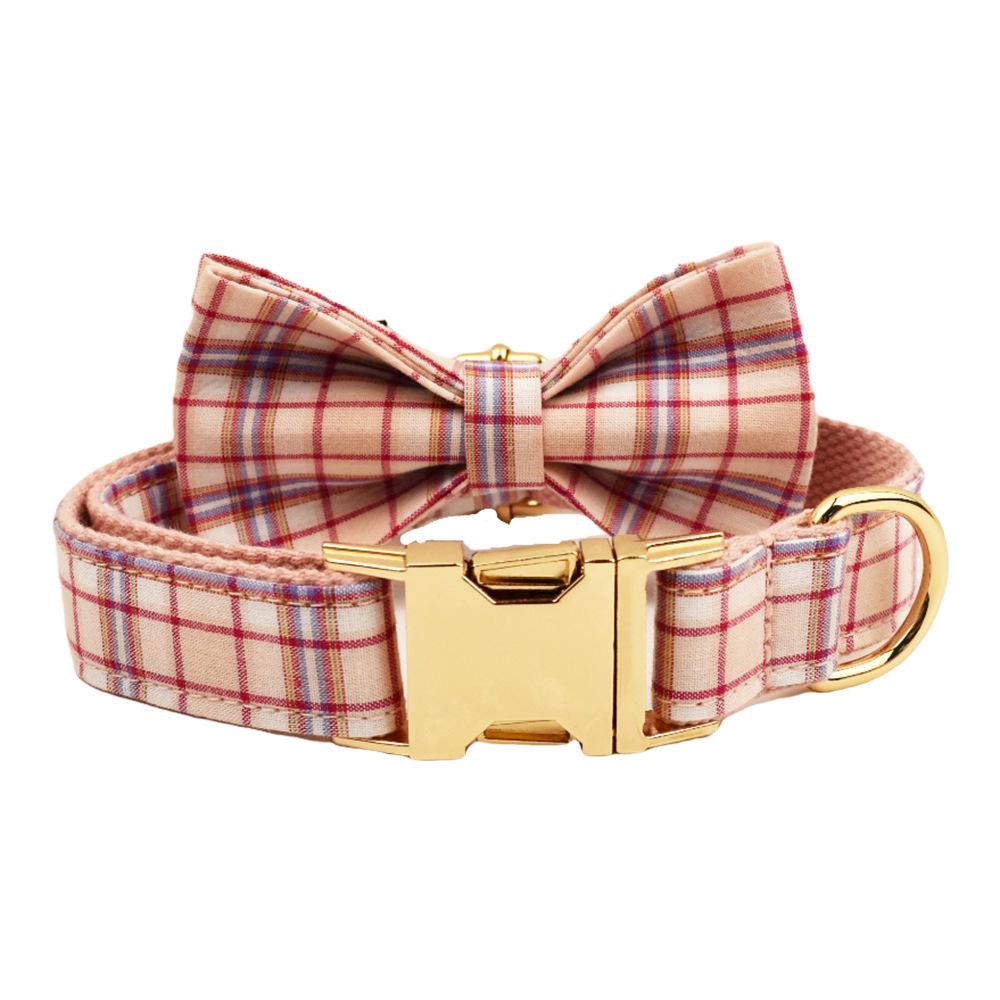 Light Pink Plaid Dog Collar and Leash - British Style, Engravable, Fresh Pattern.