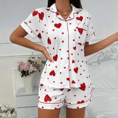 European and American Popular Love Cardigan Lapel Button Pajamas Women's Rope Version Short-sleeved Shorts Loungewear Two-piece Set