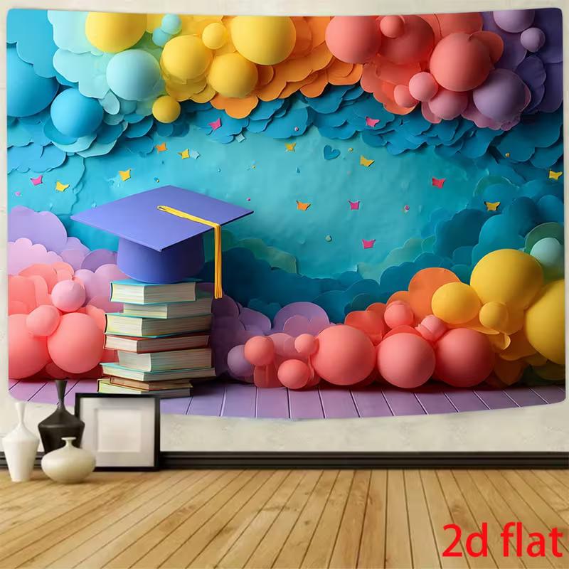 

2D Flat Graduation Banner, Pastel Balloon Clouds with Purple Grad Cap Background for Party Photoshoot 47.2x31.5inch/120*80cm