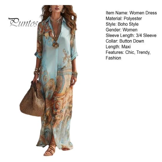 Casual Vakantiejurk Dames Dames Boho Bedrukte Blouse Maxi Jurk, 3/4 Mouw Knopen Makkelijk te Onderhouden Reis Lange Zomer Losse Vloeiende Strand Zomerjurk
