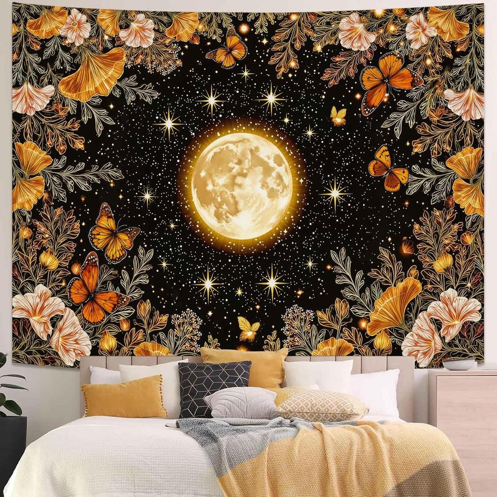 Golden Ginko Tapestry Nature Style Tapestry for Bedroom Celestial Starry Sky Tapestries Wall Hanging Aesthetic Room Decor Full
