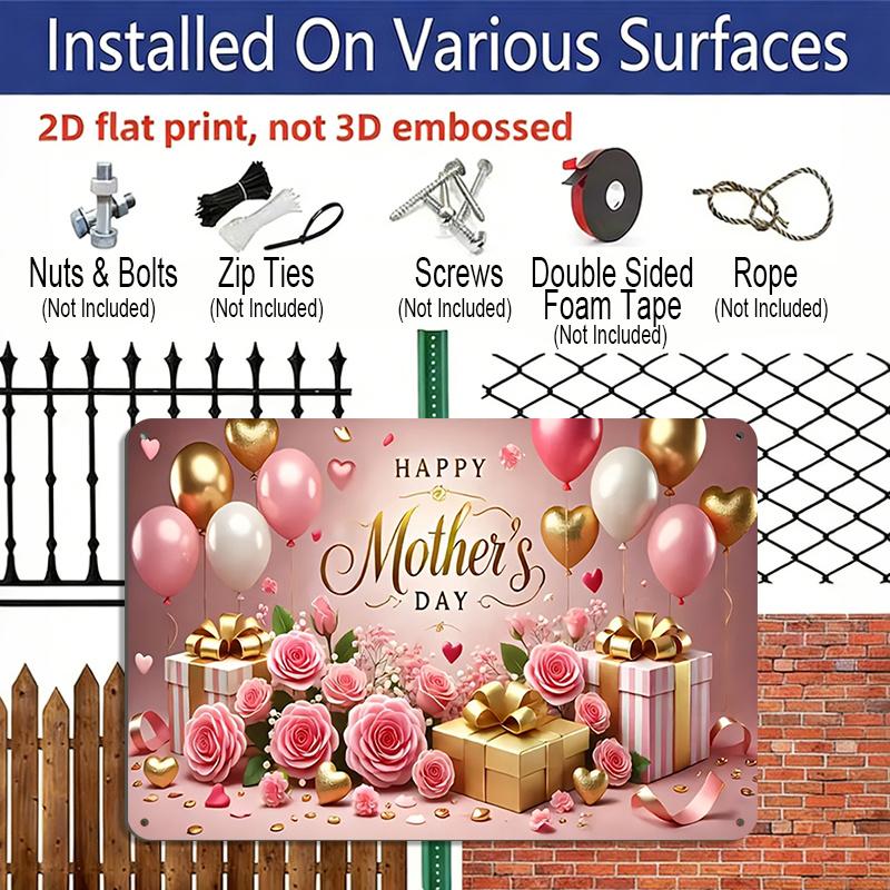 2D Flat, 1pc "Happy Mother's Day" Gift & Balloon Plaque, 12"×8" - Pink Rose & Gold Decor Sign - Aluminium Wall Hanging Decoration, Festive Mother's