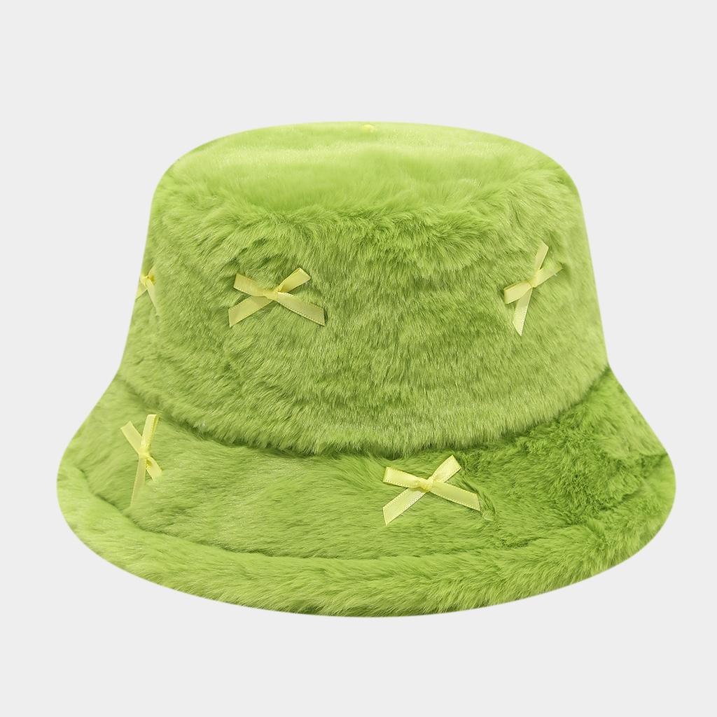 Literary And Artistic Style Fresh And Girlish Bow Tie Plush Fisherman Hats Female Trend Street Versatile Basin Cap