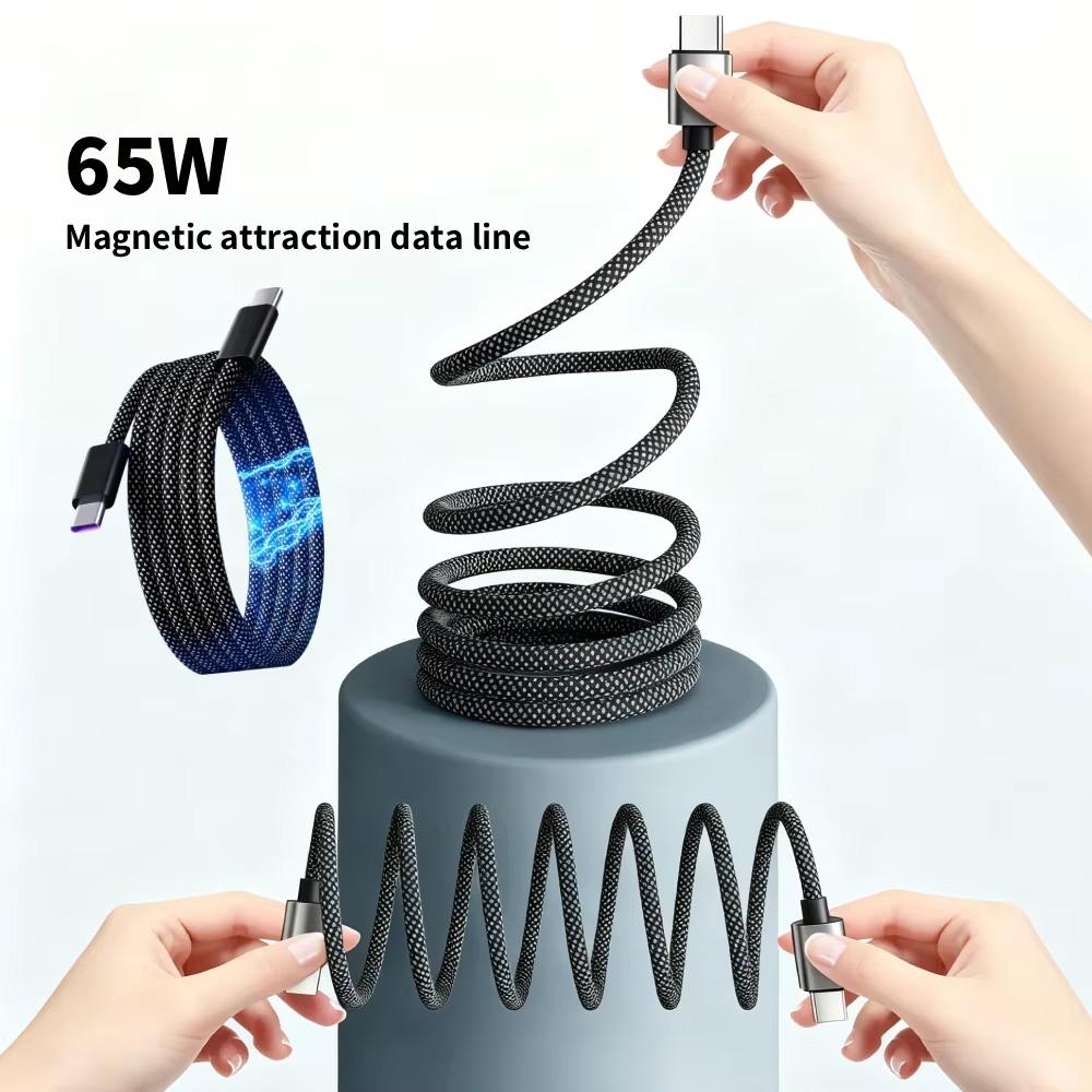 Magnetic Suction Anti Winding 65W USB C To C Fast Charger Cable Nylon Braided USB A To C 1M USB Data Charging Cable Wire