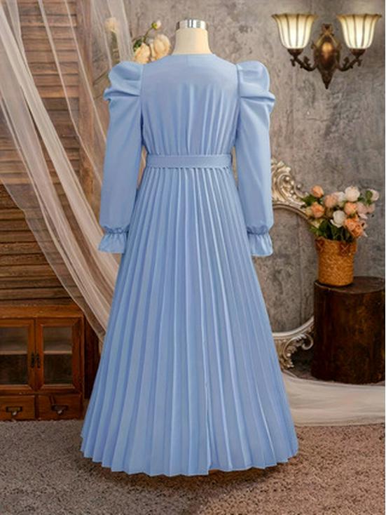 Girls' Retro Elegant Lantern Sleeve Dress with Pleated Skirt and Decorative Belt