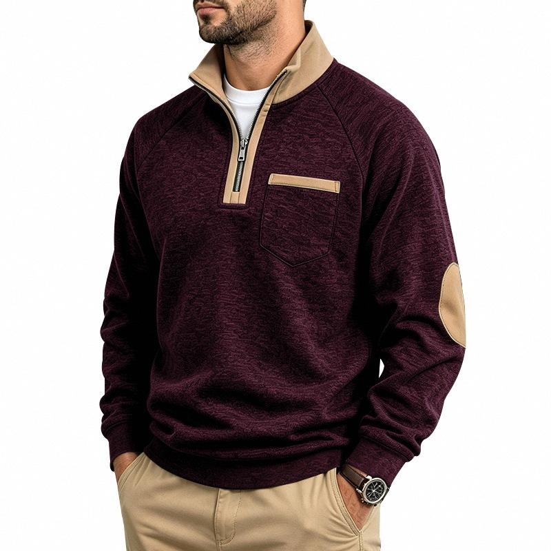 Men S Casual Loose Fleece Stand Collar Color Block Long Sleeve Sweatshirt