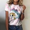 Verão Gola Redonda Estampa 3D de Gato Estampa Animal Top Moda Casual Fofa Camisetas Femininas de Manga Curta