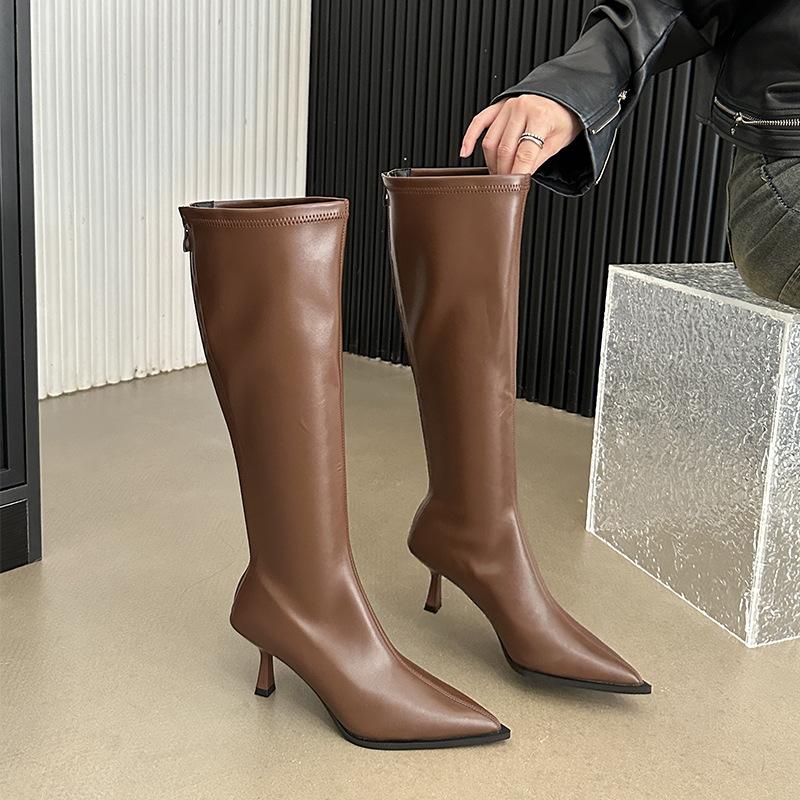 

Rich and noble, thin high-heeled boots, small boots, pointed autumn and winter, but thin back zipper high boots 39 коричневый