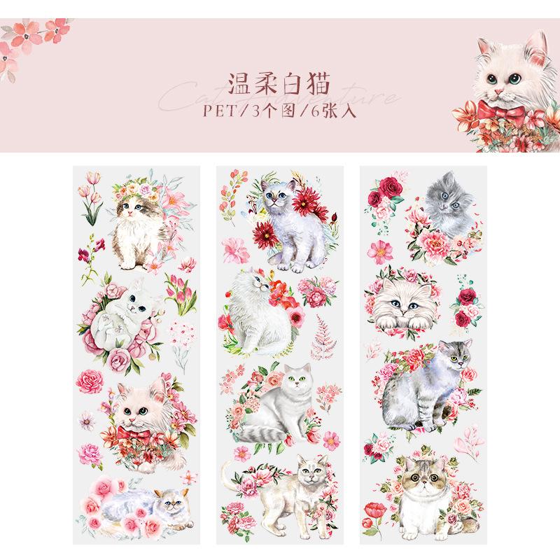 6 Pcs Long Strip Kawaii Cartoon Cats Stickers Aesthetic Creativity Decorative Diary Album Scrapbooking Material Journal Supplies