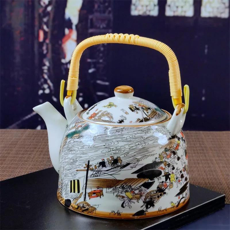 Ceainic din porțelan de uz casnic Oală din ceramică de mare capacitate cu apă rece Oală mare din porțelan, albastru și alb, cu mâner cu buclă