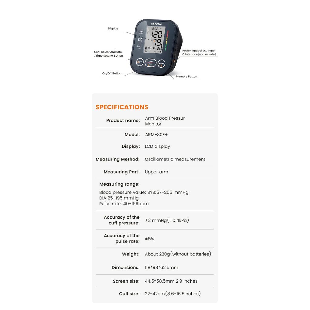 Sinocare Upper Arm Automatic Blood Pressure Monitor Portable Digital BP Sphygmomanometer Pressure Meter Tonometer