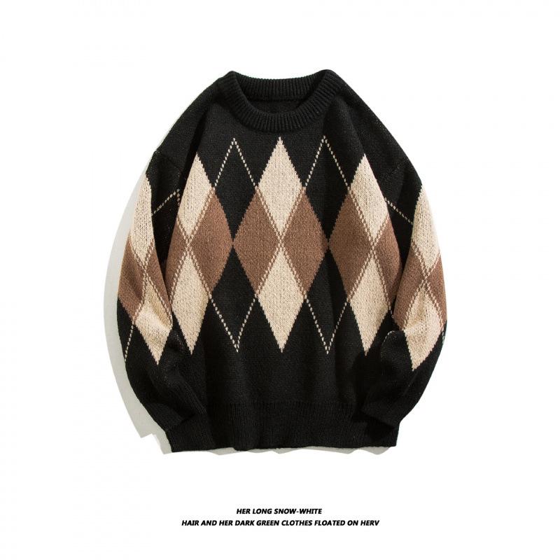 Men's Hong Kong Style Retro Diamond Pattern Loose Knit Sweater - Color Block Pullover & Cardigan for Autumn/Winter.