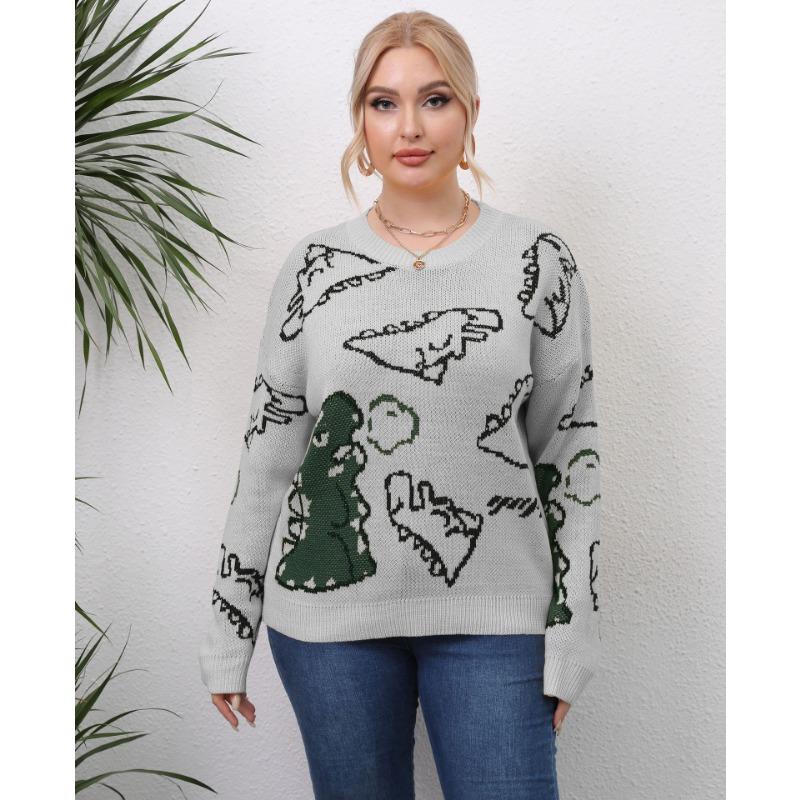 Plus Size Women S Thick Knit Dinosaur Print Pullover Sweater