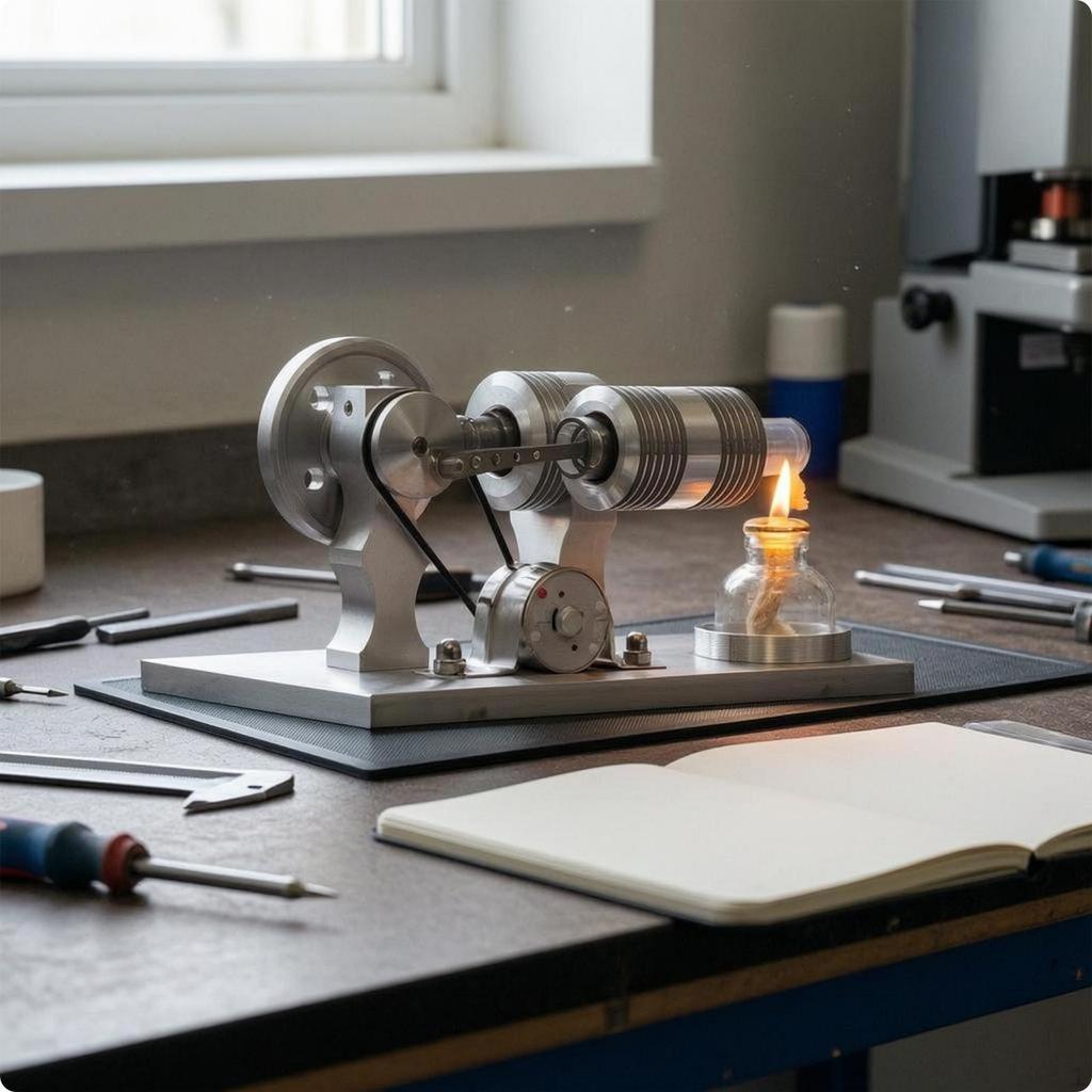 HeatCycle Engine Model Finned Metal Glass Burner Desktop Mechanical Demonstration