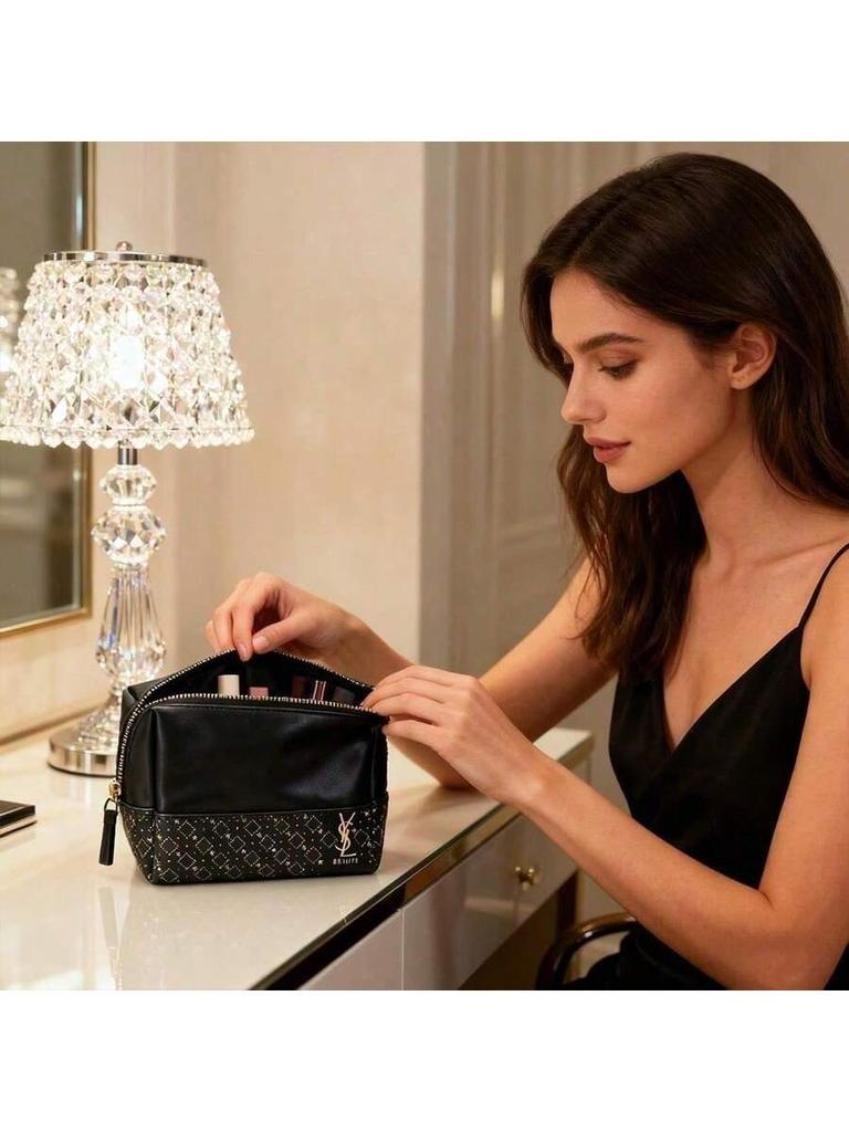 Luxus YSL Blumen-Clutch - Schwarzer Sternenprint Make-up Tasche für Damen, Geräumig & Wasserdicht, Elegantes Geschenk für Feiertage & Feiern