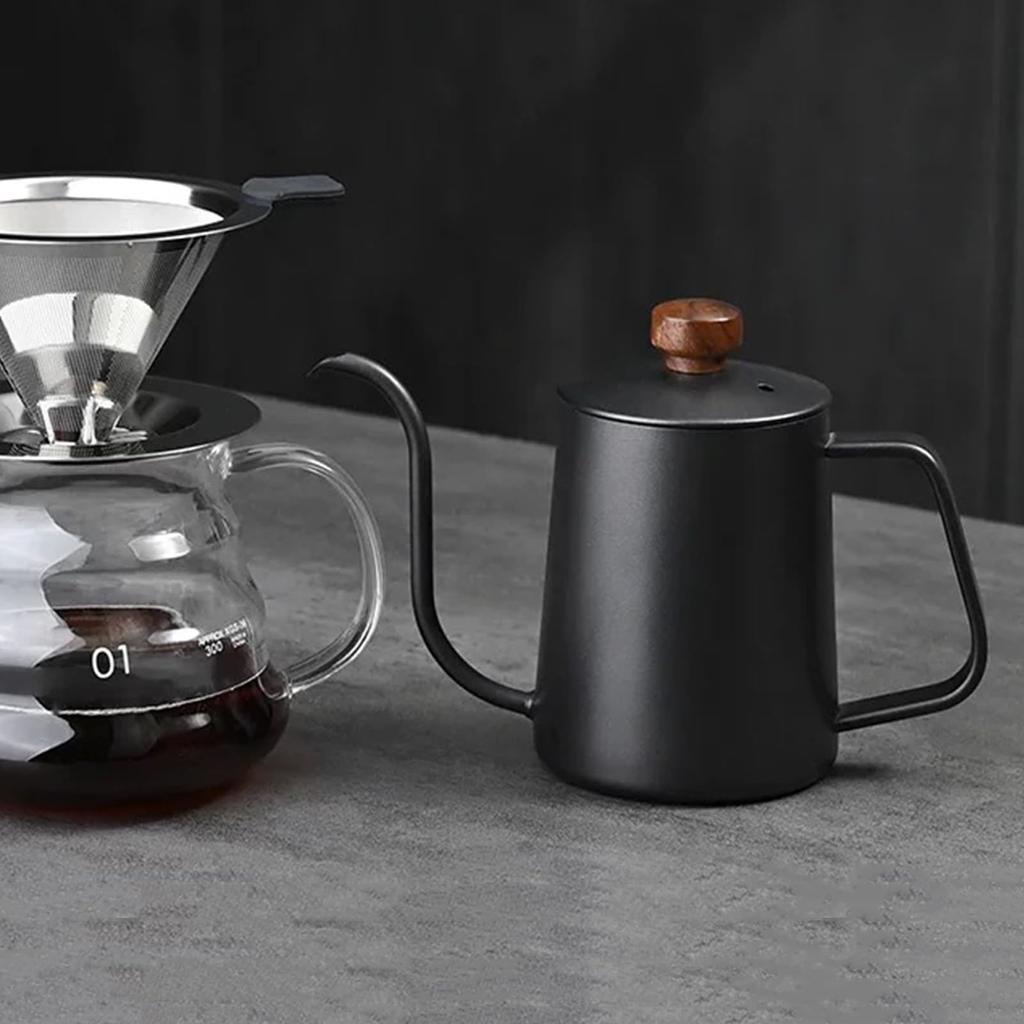 SOVIFKI Coffee Pot Open Fire Drip Pot Wooden Lid Coffee Kettle Camping Pot Stainless Steel 580ml Scale Inside Outdoor Small Black [Item]