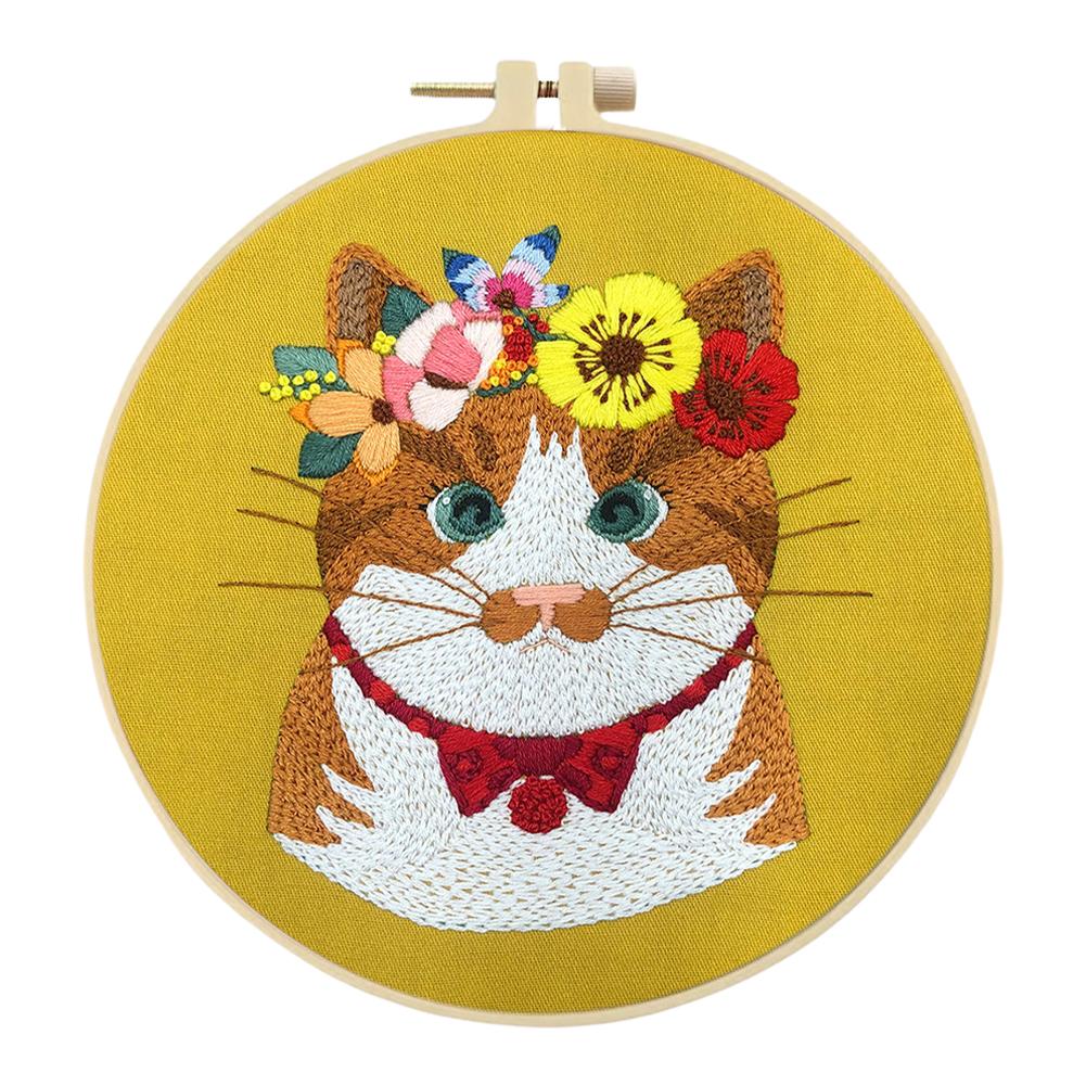 Cat Flower Stamped Cross Stitch Embroidery Kits with Hoop Cloth Color Thread