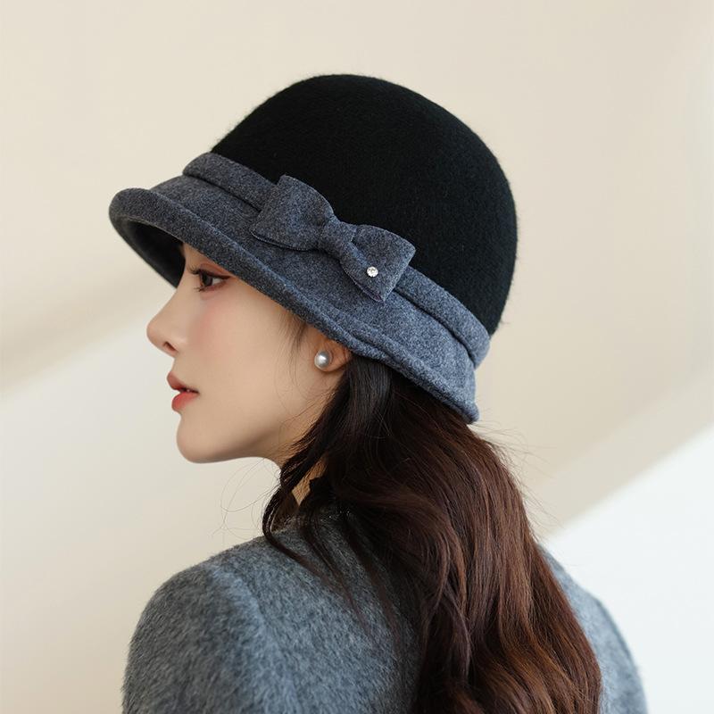 New Woolen Top Hat Bucket Hat Women's Retro Bow Fisherman Hat Autumn and Winter Elegant Basin Hat