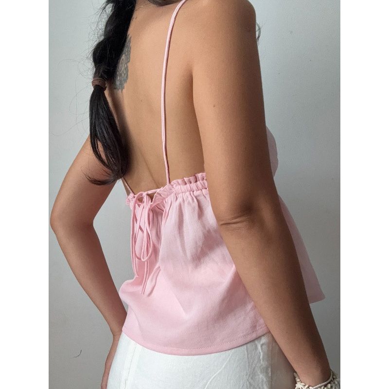 Summer New Arrival Wooden Ear Wrinkle Idle Style Sling Women's Pink Tops Low Cut Open Back Shoelace Sexy Vest