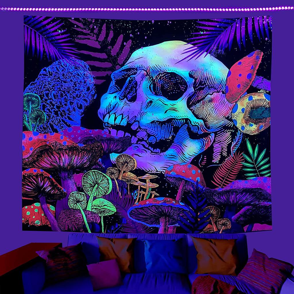 Psychedelic Black Light Skull Head Flourescent Tapestry UV Reactive Tapestries Wall Hanging Hippie Trippy  Home Decor