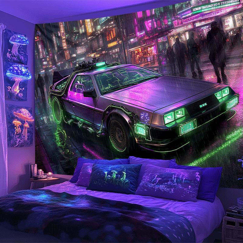 Wall Mounted Car Tapestries Banner Neon Rainy Night Cool Future Car Tapestries for Living Room Bedroom Dormitory Decoration