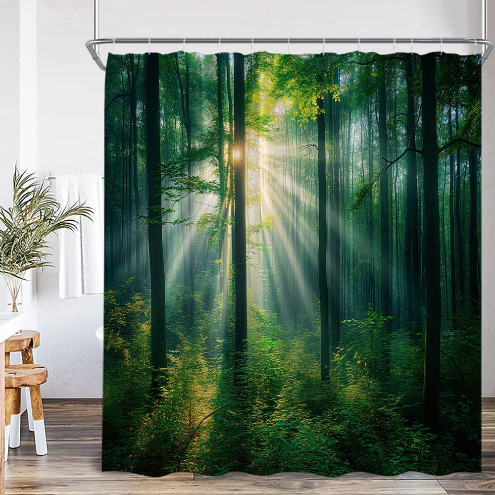 Natürliche Landschaft Wasserfall Wald Duschvorhang Landschaft Grüne Blätter Pflanzen Badezimmer Dekor Polyester Duschvorhang für Zuhause