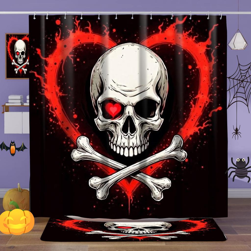 Halloween Skeleton Decor Pattern Shower Curtain Bath Sets Waterproof Non-Slip Bathroom Rug Toilet U With 12 Hooks Home Deco