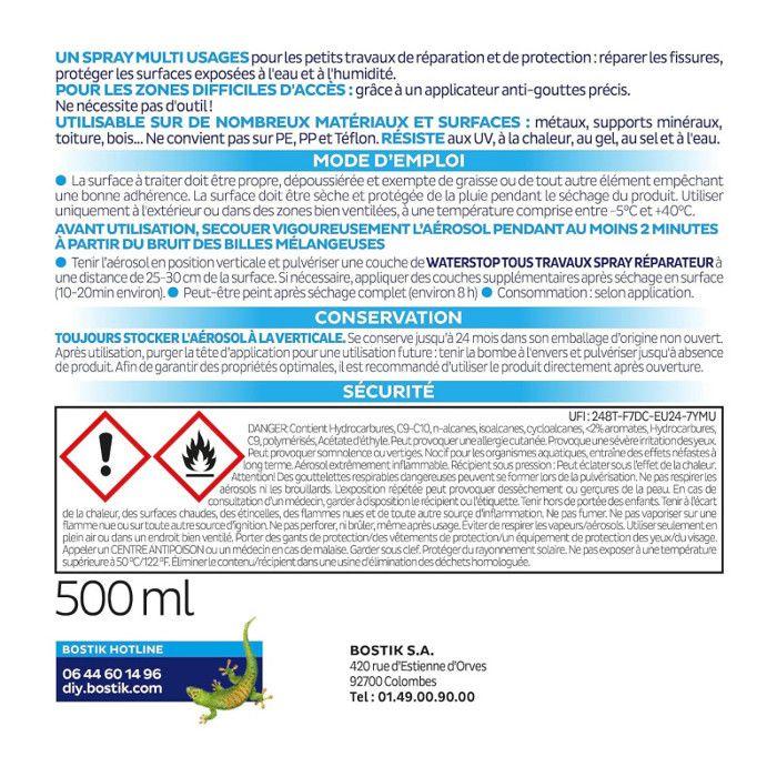 Membrane D'étanchéité - BOSTIK - Waterstop - Spray 500 Ml - Gris Clair - Haute Élasticité 400 %